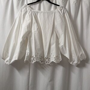 NWT H&M White Cotton Floral Hem Blouse/Shirt w/ 3/4 Balloon Sleeves | Size: M